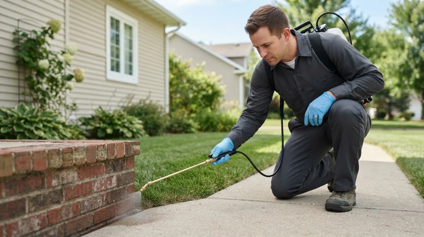 Pest control technician treating a home near Morrice, MI