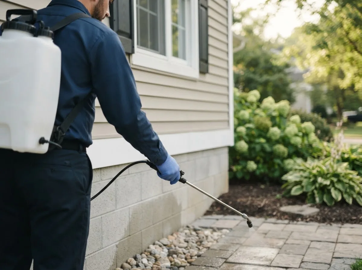 Pest control technician inspecting a home in Morrice, MI